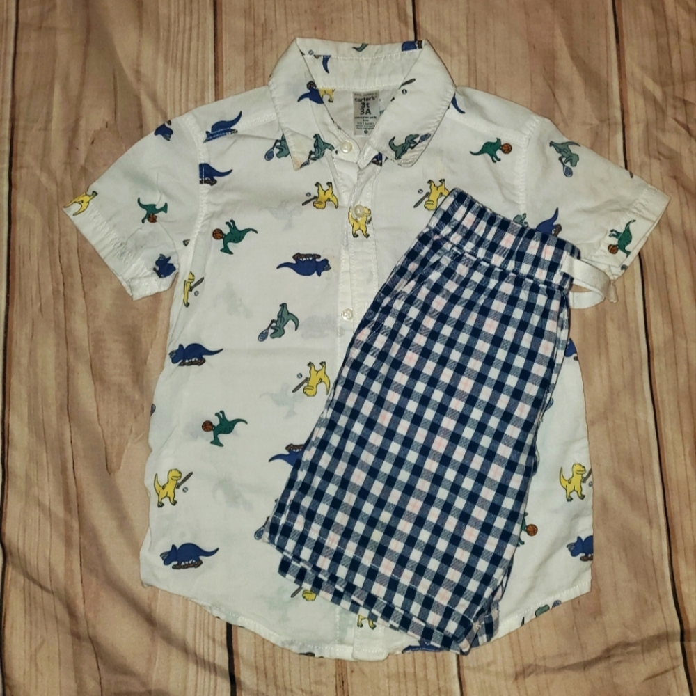 Kids Dinosaur Print Shirt and Checkered Shorts Set